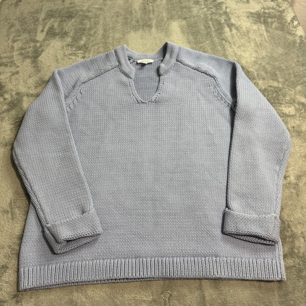 Haven Well Within Fisherman Knit Sweater Blue Split Neck Cotton Blend Large